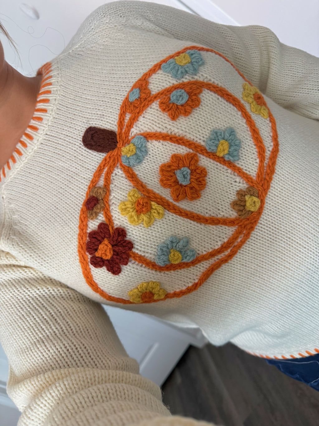 Enchanted Harvest Embroidered Pumpkin Garden Sweater