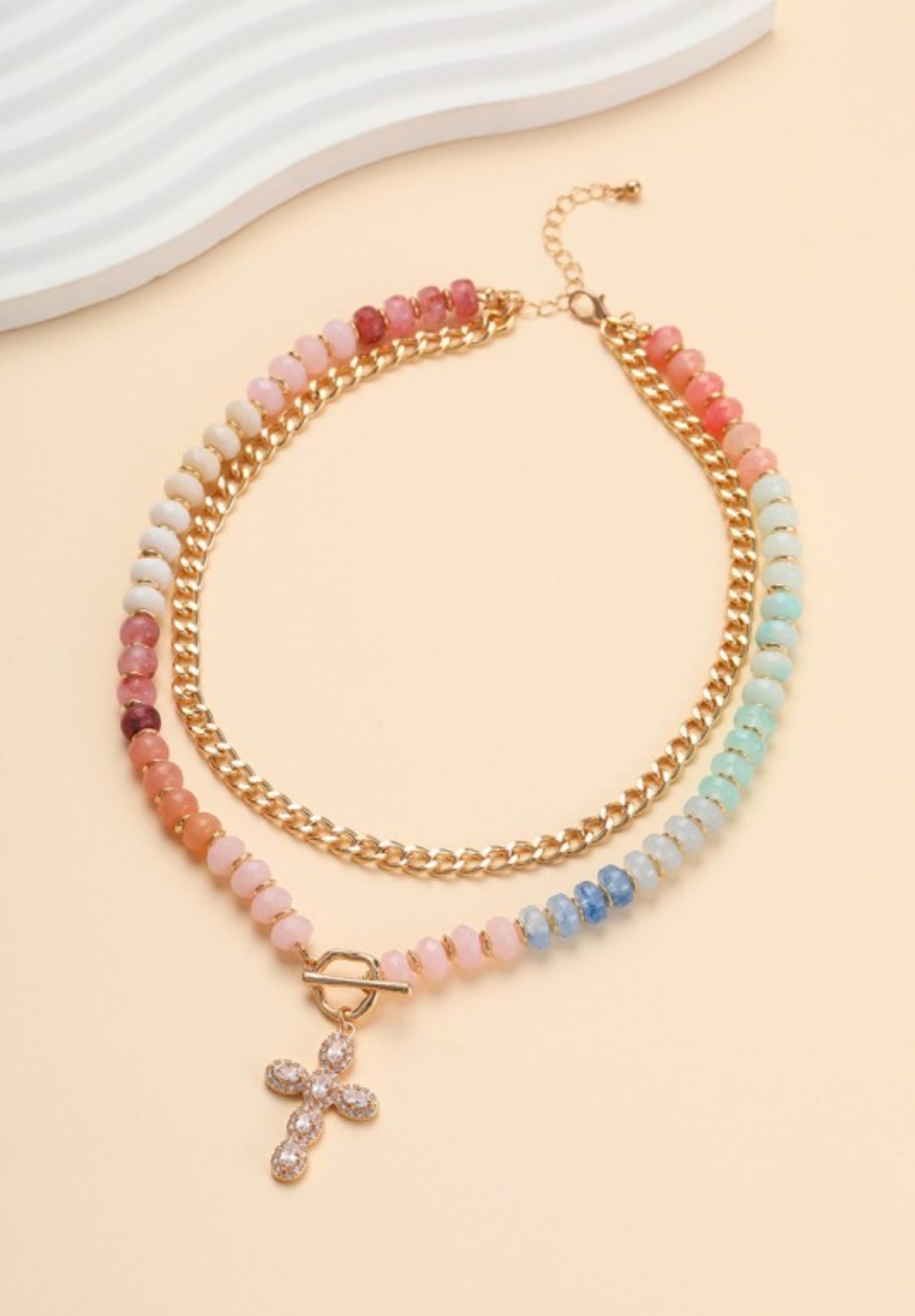 Cross Multi Layer Pendant Resin Beaded Necklace