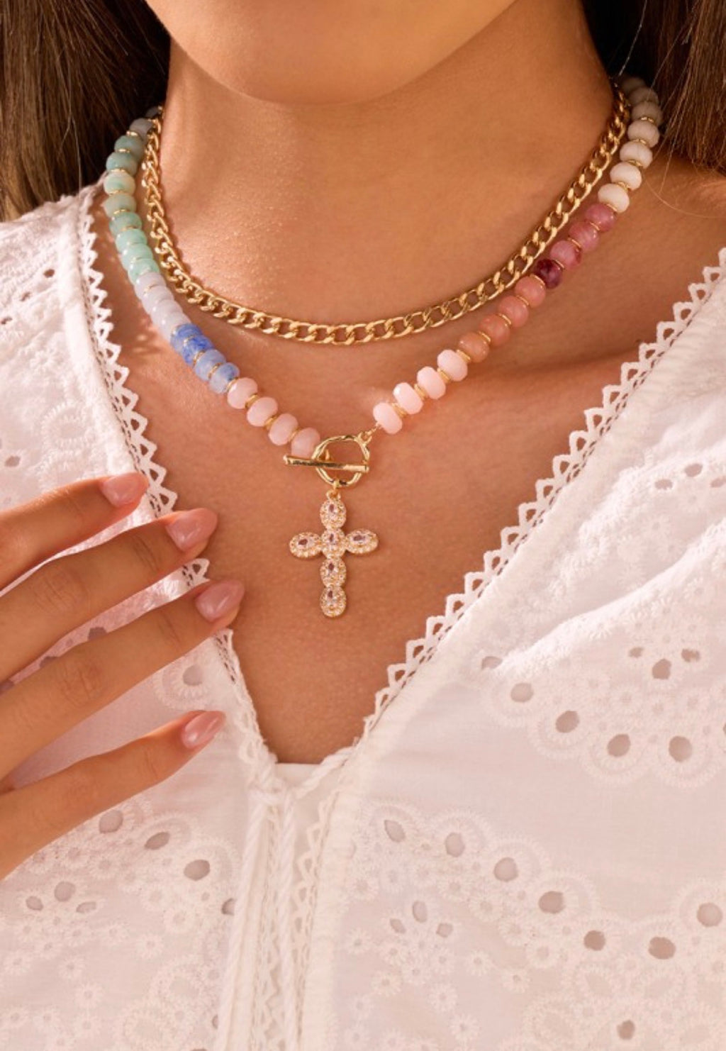 Cross Multi Layer Pendant Resin Beaded Necklace