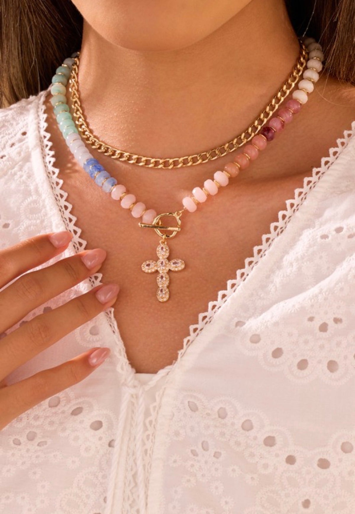 Cross Multi Layer Pendant Resin Beaded Necklace