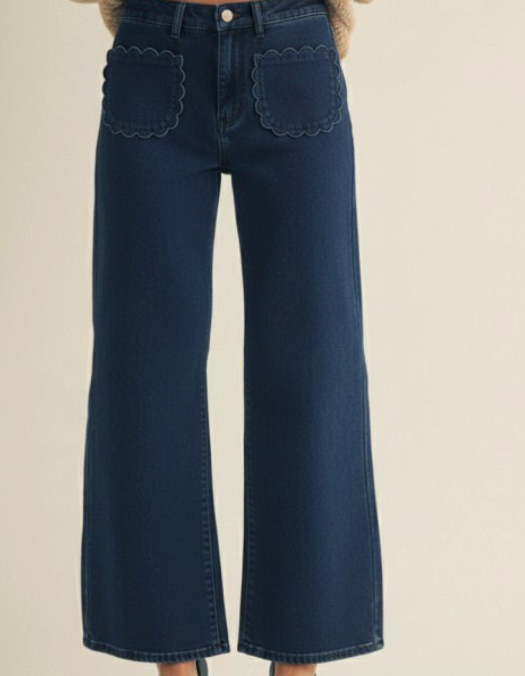 Stretch Mid Rise Scallop Poket Wide Leg Pants